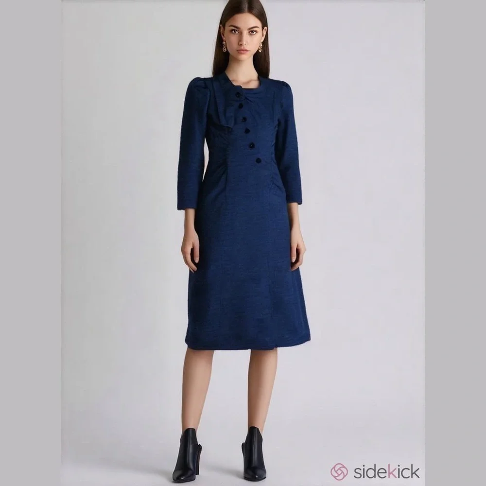 All That Jazz Vintage 90's Navy Midi Dress Size 5/6 Puffed Sleeve Shoulder Pads - Picture 1 of 14